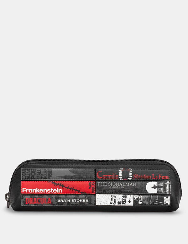 Horror Bookworm Library Zip Top Black Leather Pouch Pencil Case